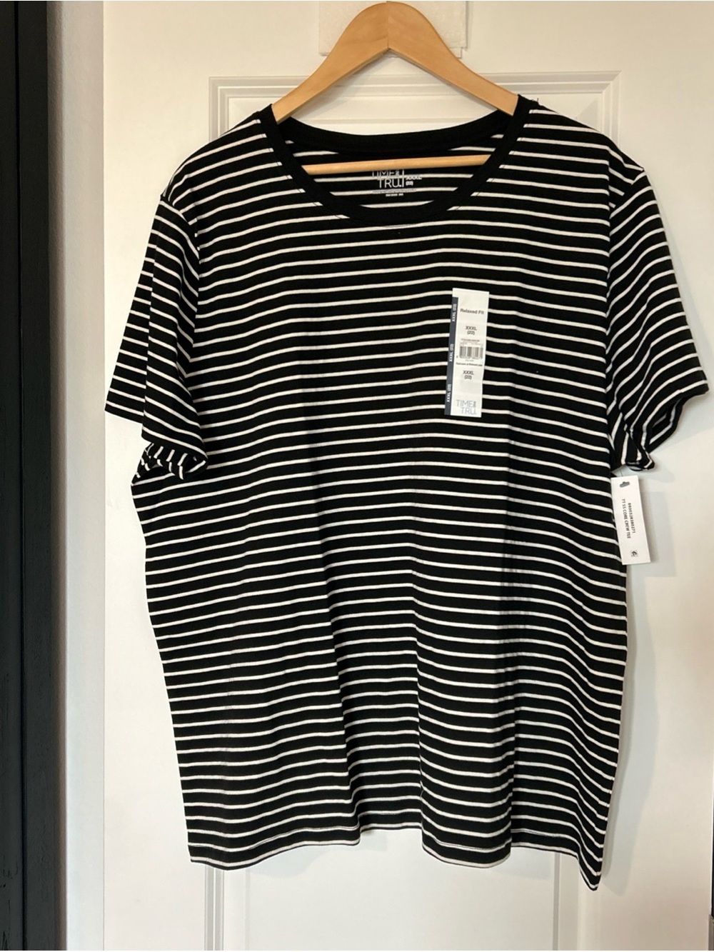 Time and Tru 100% Cotton Crewneck Tee w/ Short Sleeves, Black/White Stipe- XXXL